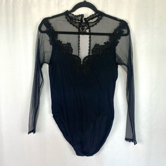 90s Y2K Hanky Panky Cotton Bodysuit Lace Mock Neck Black Womens Medium - Picture 10 of 11